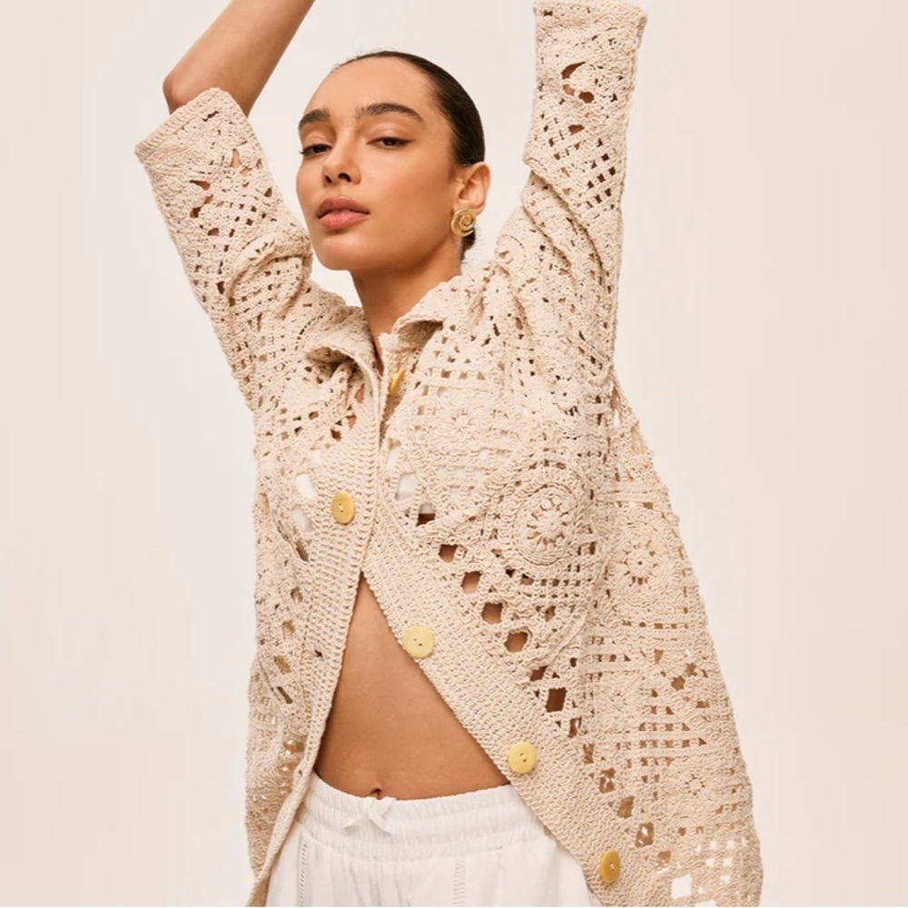 Boho Crochet Button Front Cardigan Cream Open Knit Beachy Oversized Sweater - Picture 10 of 12